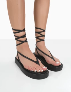 PUBLIC DESIRE - BEACH BABE BLACK LACE UP TOE THONG